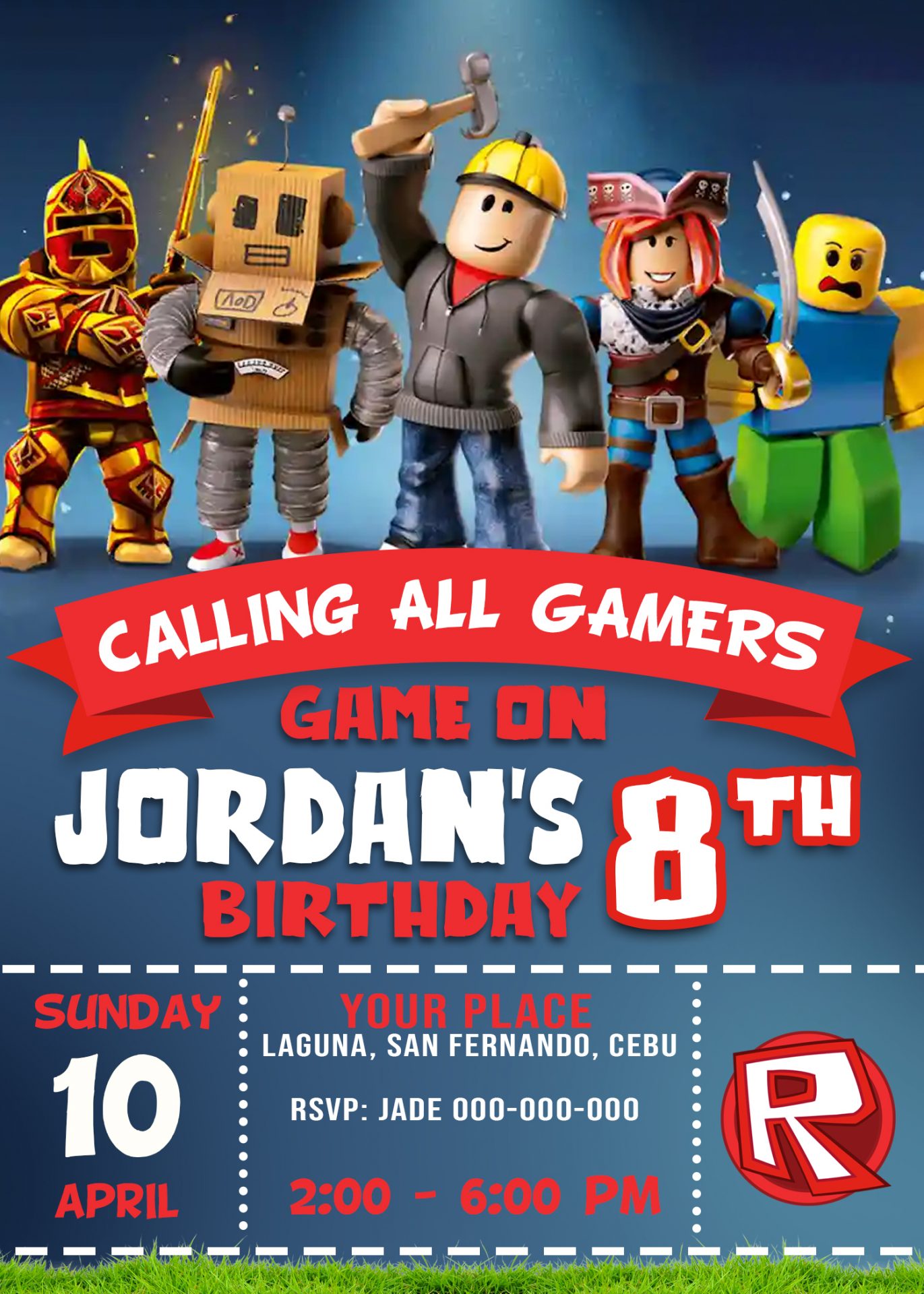 Roblox Birthday Party Invitation 4 X 6 Or 5 X 7 Printable 1363 Jamakodesigns - roblox birthday card template