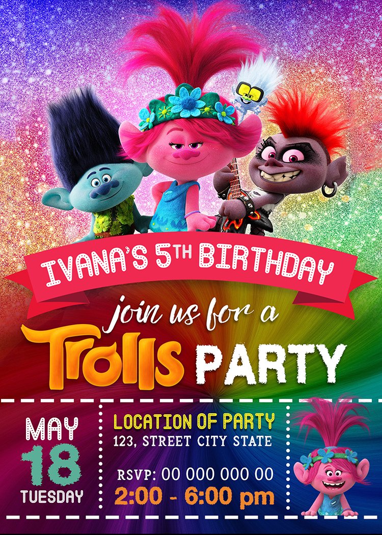 Personalised Trolls Invitations Birthday Party Invites & envelopes 