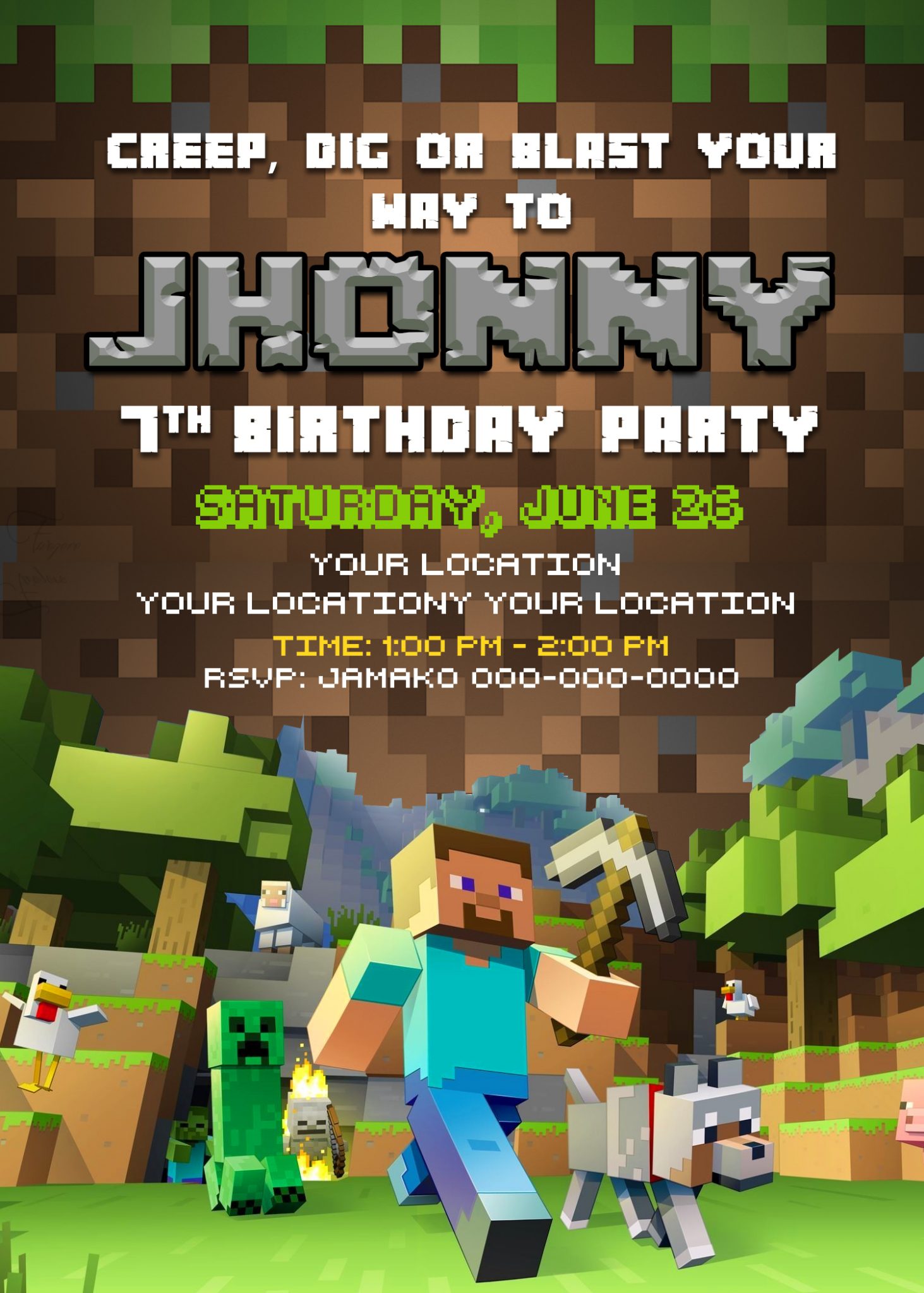 Minecraft Birthday Invitation Card, 4 x 6 or 5 x 7 Printable 1702