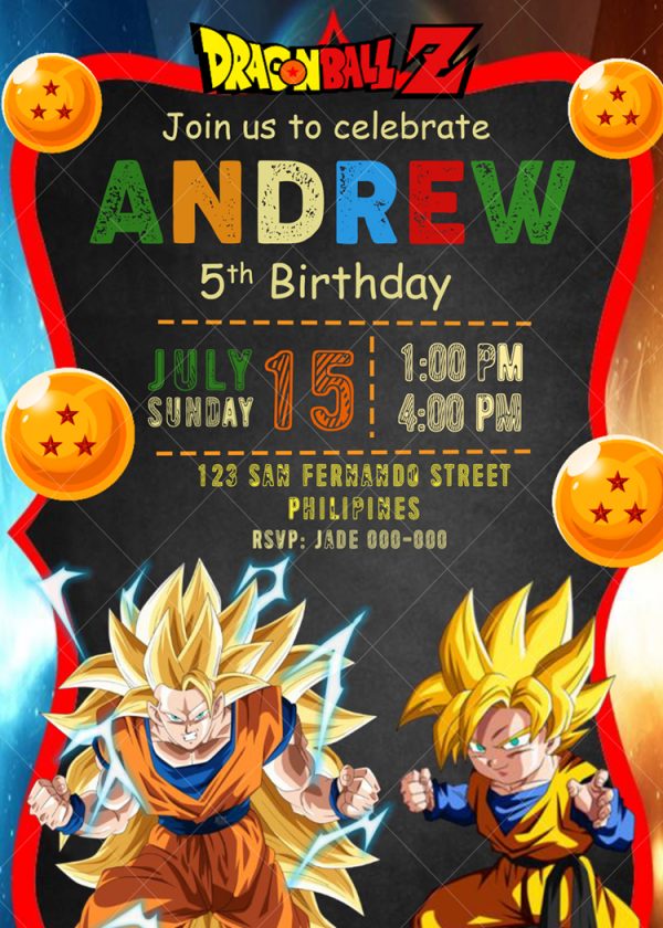 Dragon Ball Z Invitation, Dragon Ball Z Birthday Party, Super Saiyan