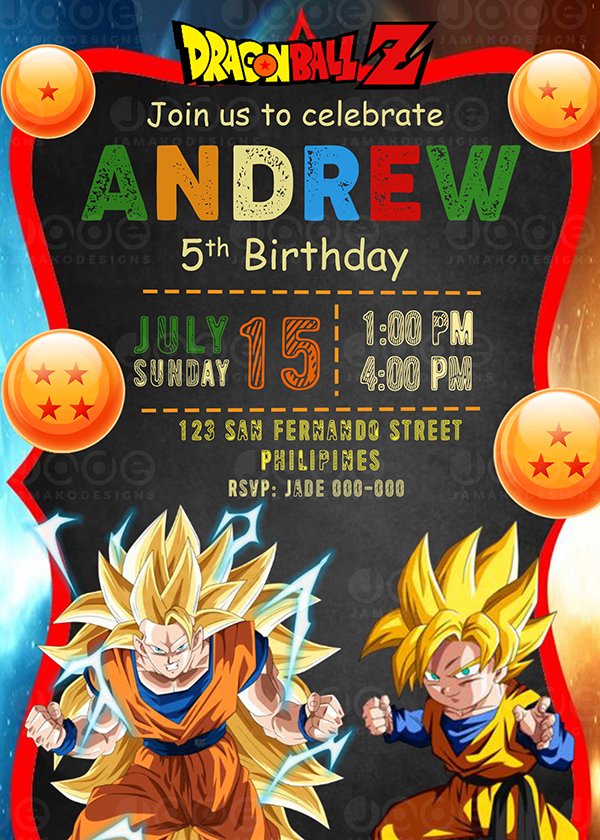 Dragon Ball Z Invitation, Dragon Ball Z Birthday Party Printable 4 x 6