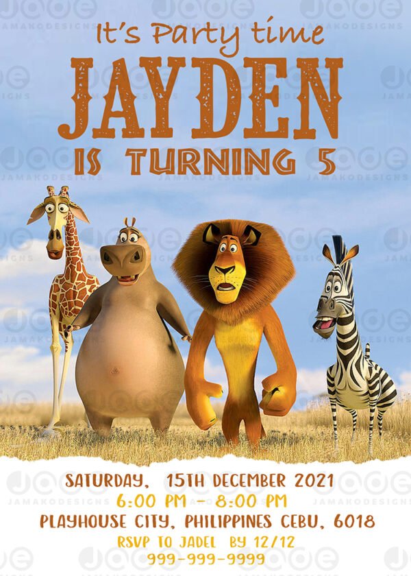 Digital Madagascar Birthday Invitation template