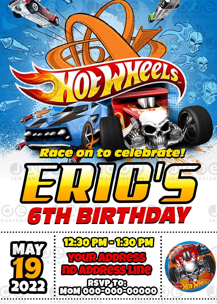 Digital Hot Wheels Birthday Invitation Printable 4 x 6 or 5 x 7 FREE BACKSIDE -