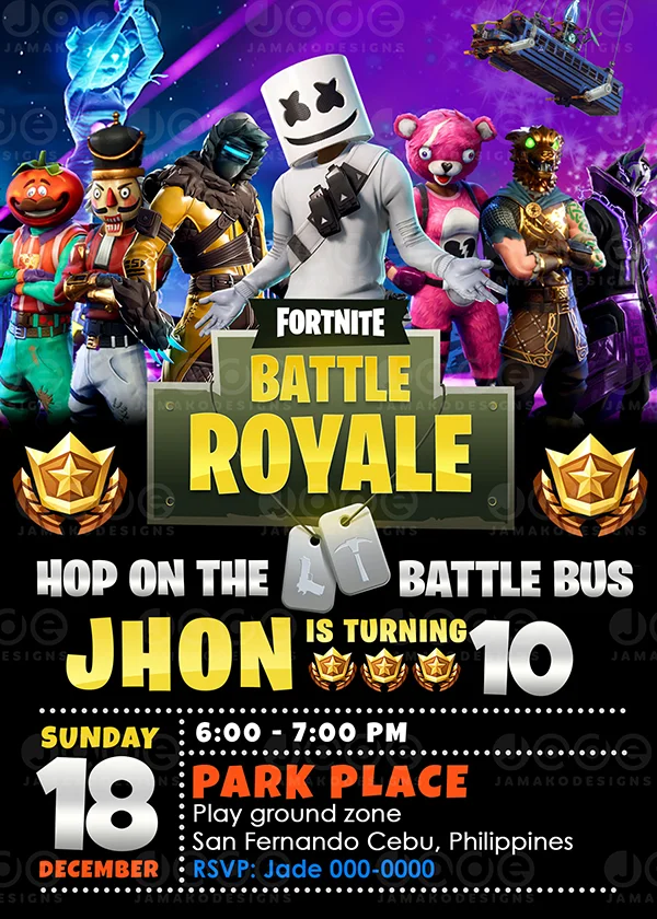 Fortnite Battle Royale Digital Birthday Invitation template Jamakodesigns
