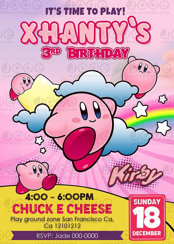 Kirby video games party birthday invitation