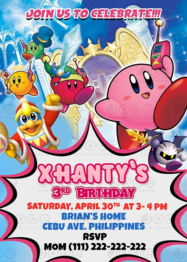 Kirby video games Digital Birthday invitation template