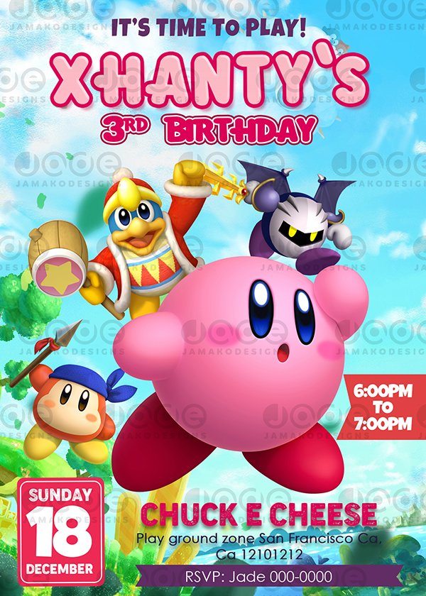 Kirby video games birthday invitation
