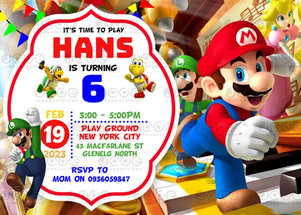 Digital Super Mario Birthday invitation 4 x 6...