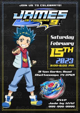 Beyblade Birthday party invitation template 4 x 6 or 5 x 7 FREE BACKSIDE
