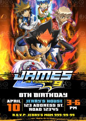 Beyblade Birthday Invitation 4 x 6 or 5 x 7 FREE BACKSIDE