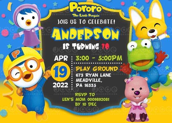 Pororo Birthday party Invitation 4 x 6 or 5 x 7 FREE BACKSIDE