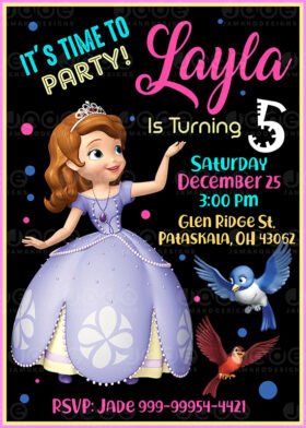 Digital Disney Sofia the first Digital Birthday Invitation template 4 x 6 or 5 x 7 FREE Backside