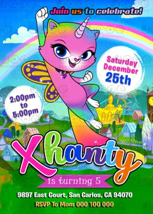 Rainbow Butterfly Unicorn Kitty Birthday Invitation | Digital...